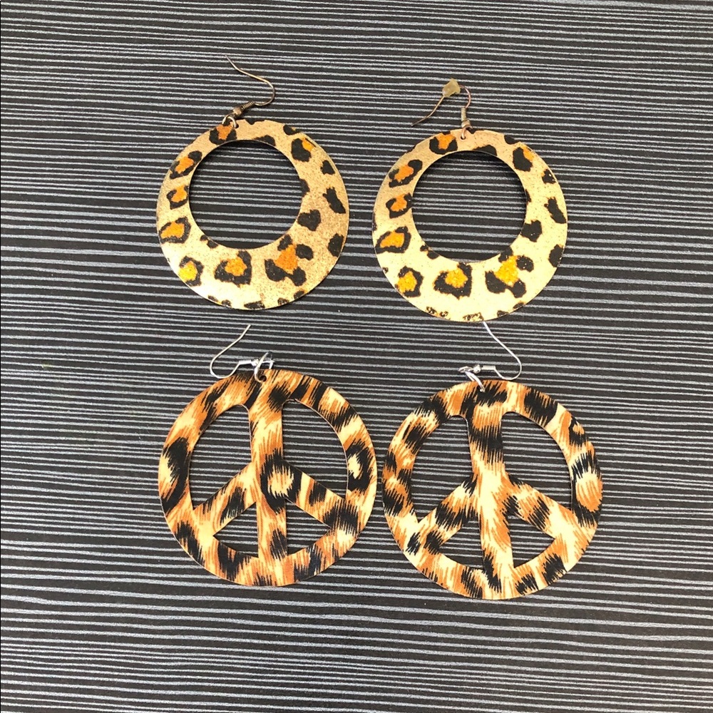 Leopard Print Hoop & Peace Sign Earrings - Gold and Brown Animal Print
